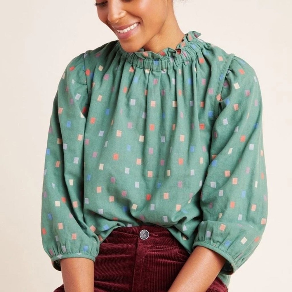 Anthropologie RO & DE Isabetta Blouse Sz S Button Back Green Cotton Gauzy Ruffle